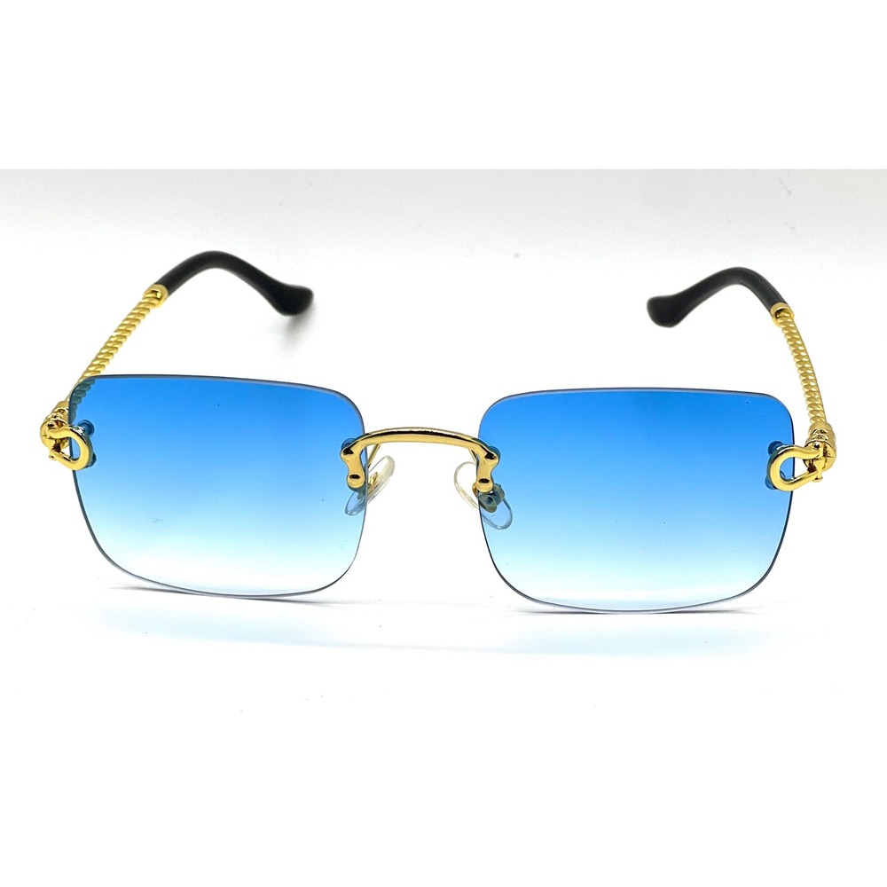 Mens Rimless Square Sunglasses Blue Gradient Gold Twisted Rope Frame Retro Shape - Picture 4 of 11